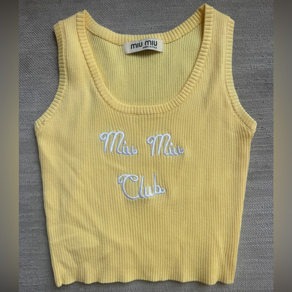 Miu Miu Club Yellow Ribbed Tank with White Embroidered Logo